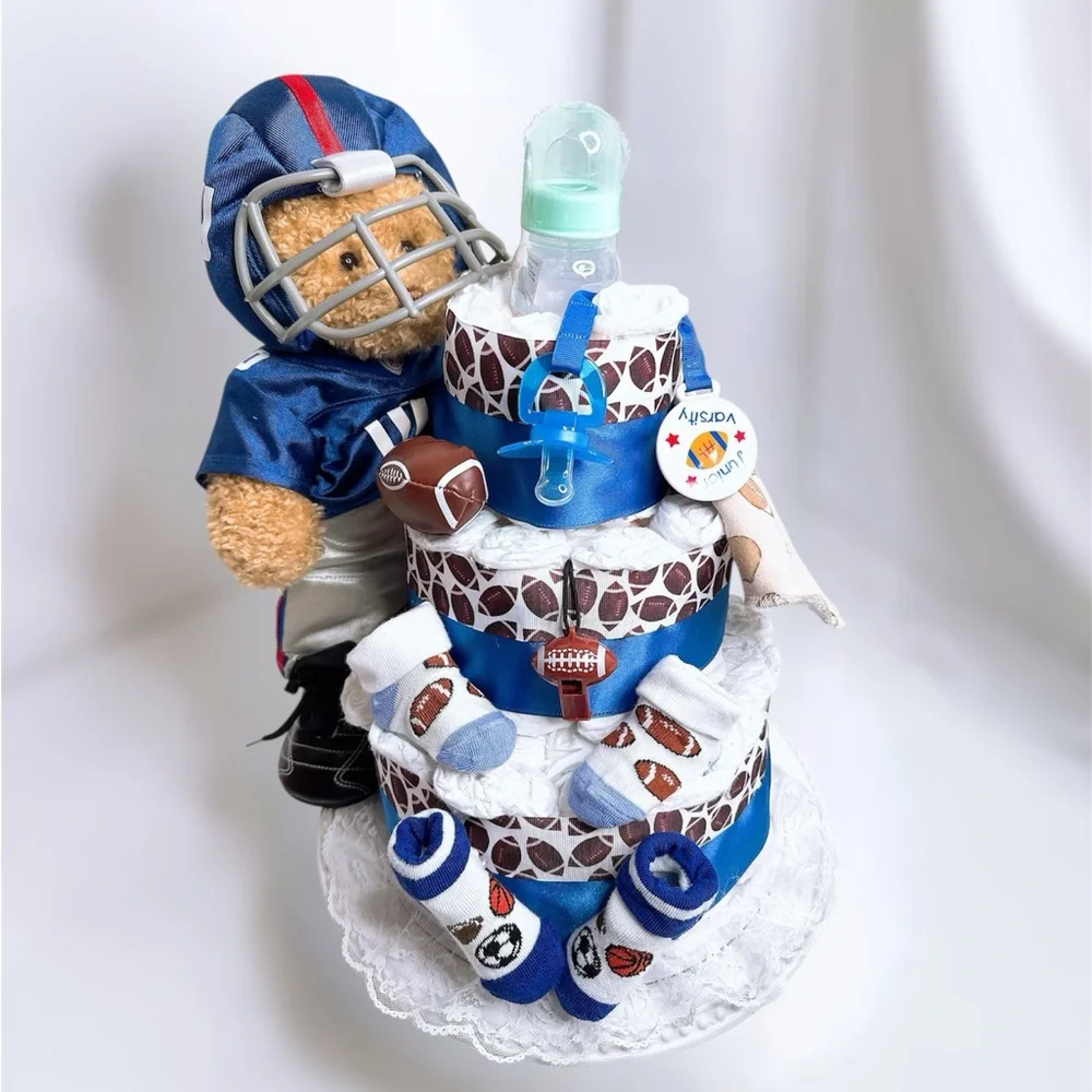 Football Themed Diaper Cake with Teddy Bear, Baby shower gift
